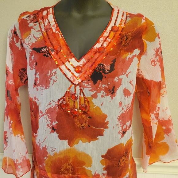 Sahiba Sheer Dress Vintage Red Beaded Orange Floral India Coverup Tunic M - Picture 2 of 7